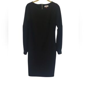 Calvin Klein Black Dress, Size 6,  Fitted Pencil Skirt Midi Length Sheer Sleeves